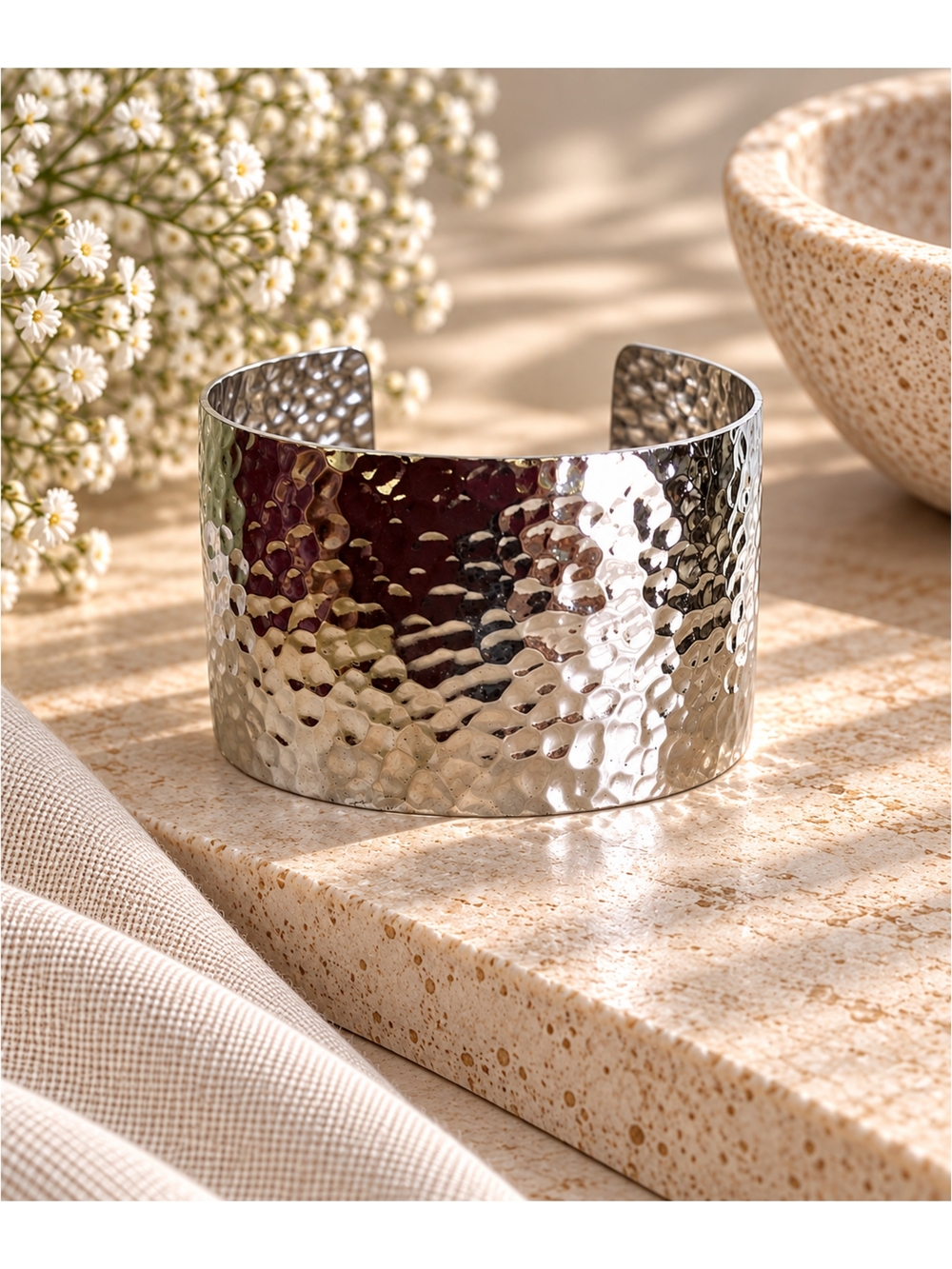 Silvertone Wide, Lightweight Open-ended Hammered-Metal Cuff Bracelet